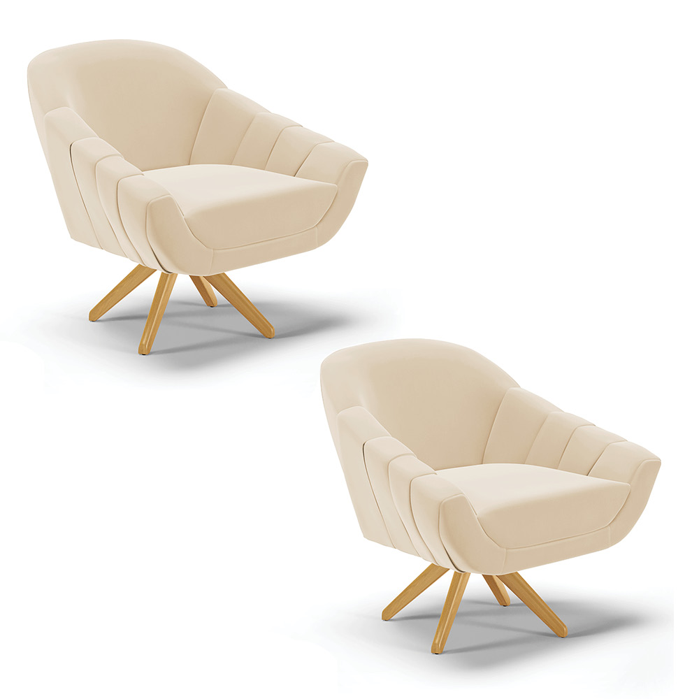 Kit 02 Poltronas Giratória Giovana Suede Bege Base Madeira MA30 - D'Rossi