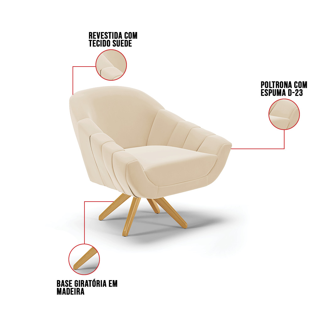 Kit 02 Poltronas Giratória Giovana Suede Bege Base Madeira MA30 - D'Rossi
