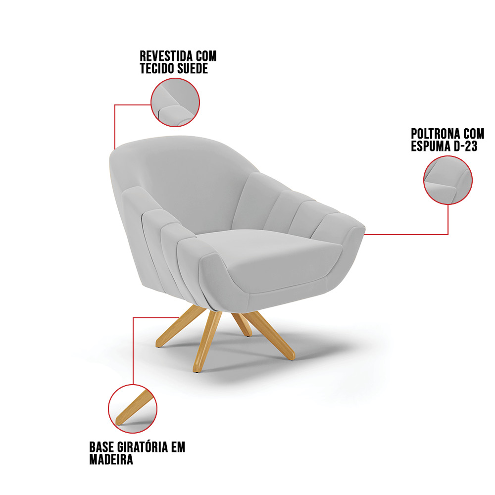 Kit 02 Poltronas Giratória Giovana Suede Cinza Base Madeira MA30 - D'Rossi