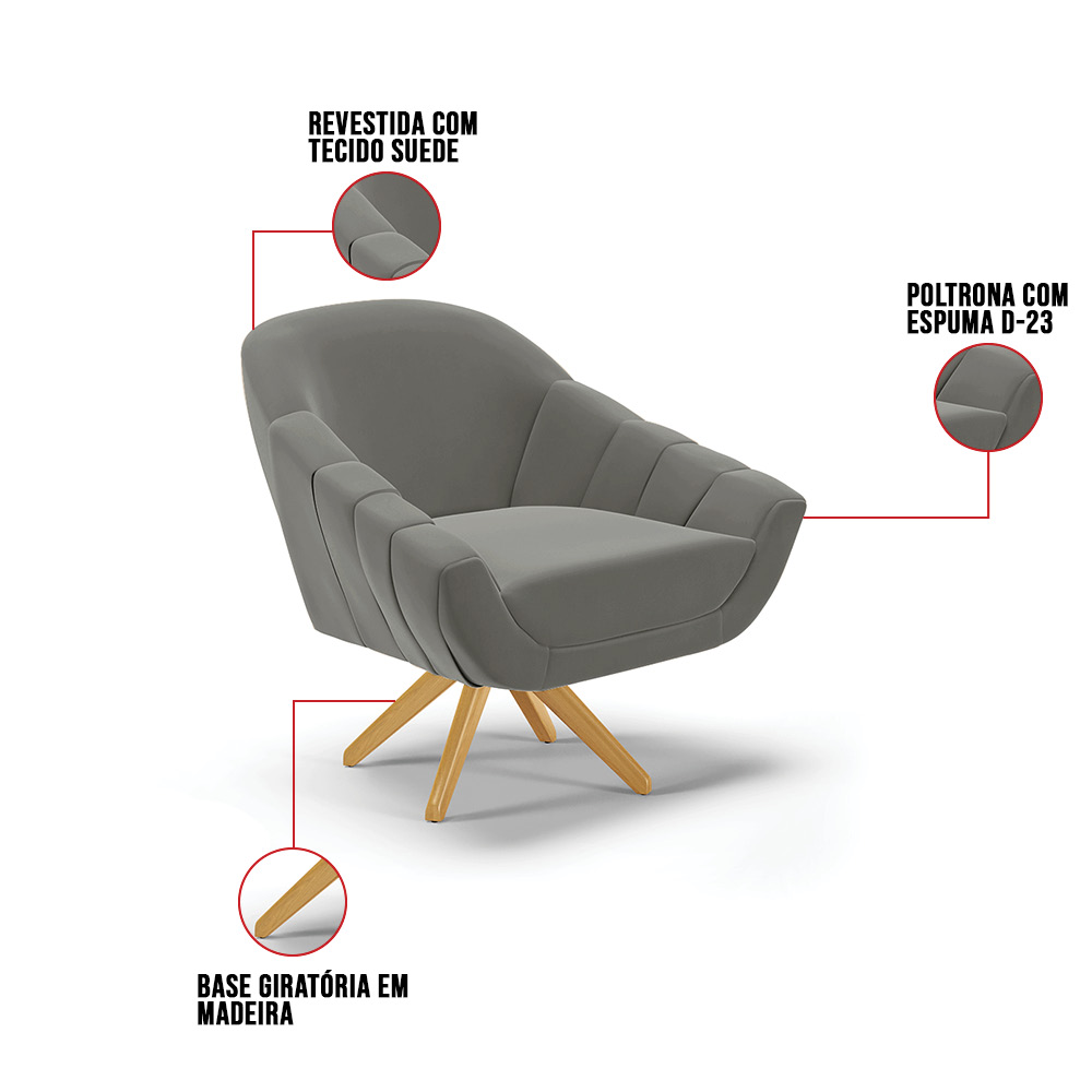Kit 02 Poltronas Giratória Giovana Suede Grafite Base Madeira MA30 - D'Rossi