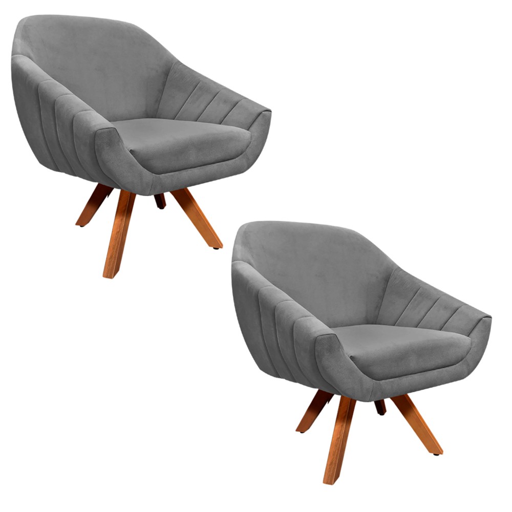Kit 02 Poltronas Giratória Giovana Suede Grafite Base Madeira MM30 D'Rossi