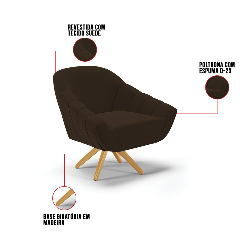 Kit 02 Poltronas Giratória Giovana Suede Marrom Base Madeira MA30 - D'Rossi
