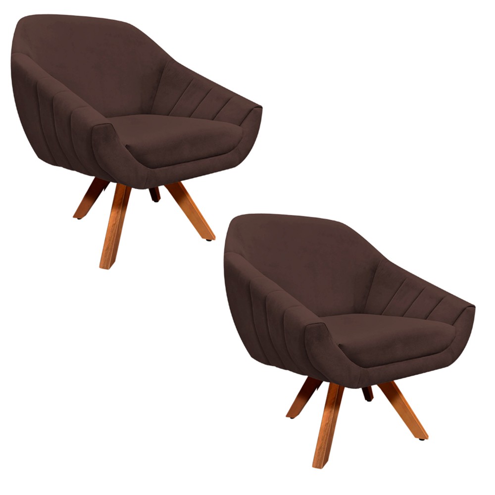 Kit 02 Poltronas Giratória Giovana Suede Marrom Base Madeira MM30 D'Rossi