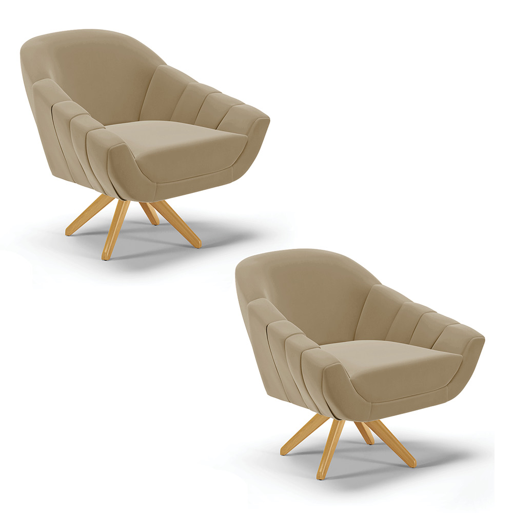 Kit 02 Poltronas Giratória Giovana Suede Marrom Rato Base Madeira MA30 - D'Rossi