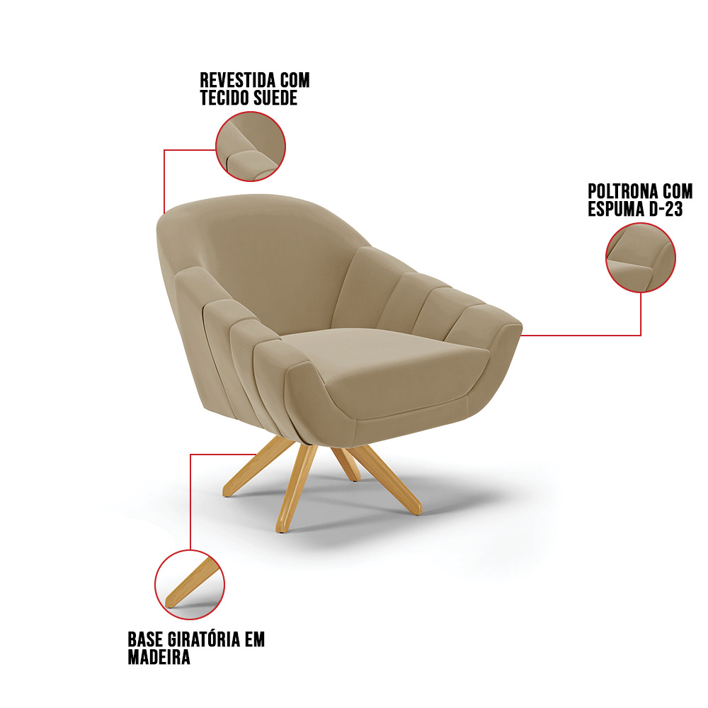 Kit 02 Poltronas Giratória Giovana Suede Marrom Rato Base Madeira MA30 - D'Rossi