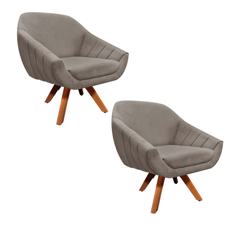 Kit 02 Poltronas Giratória Giovana Suede Marrom Rato Base Madeira MM30 D'Rossi