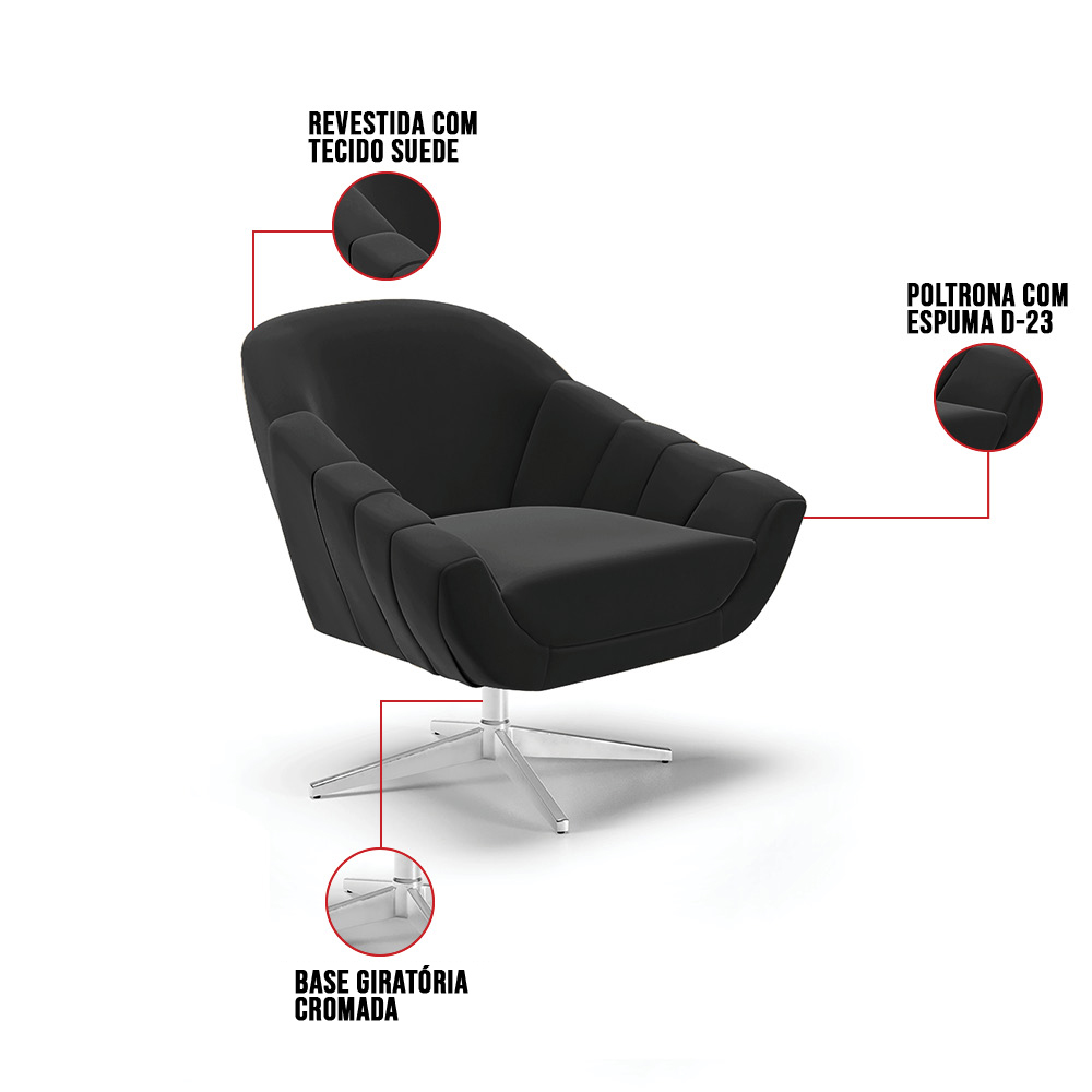 Kit 02 Poltronas Giratória Giovana Suede Preto Base Cromada - D'Rossi