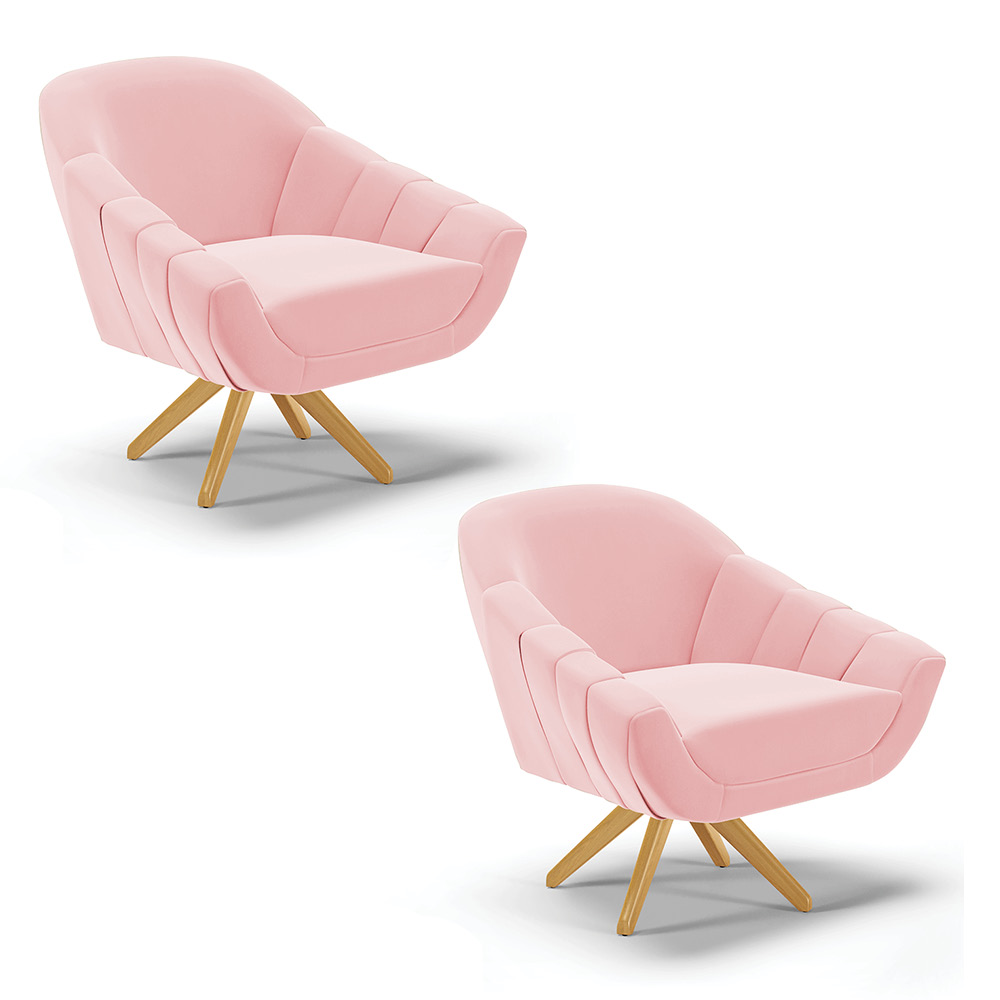 Kit 02 Poltronas Giratória Giovana Suede Rosa Bebê Base Madeira MA30 - D'Rossi