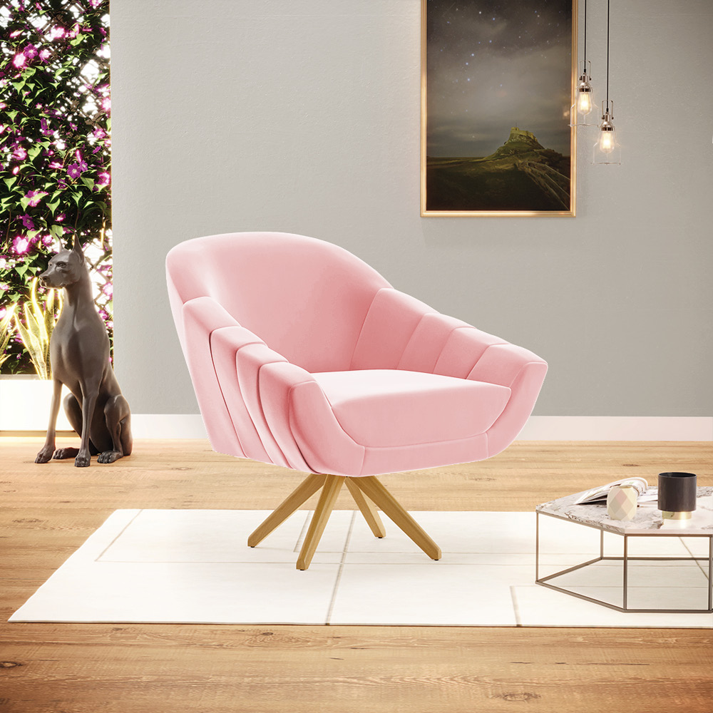 Kit 02 Poltronas Giratória Giovana Suede Rosa Bebê Base Madeira MA30 - D'Rossi