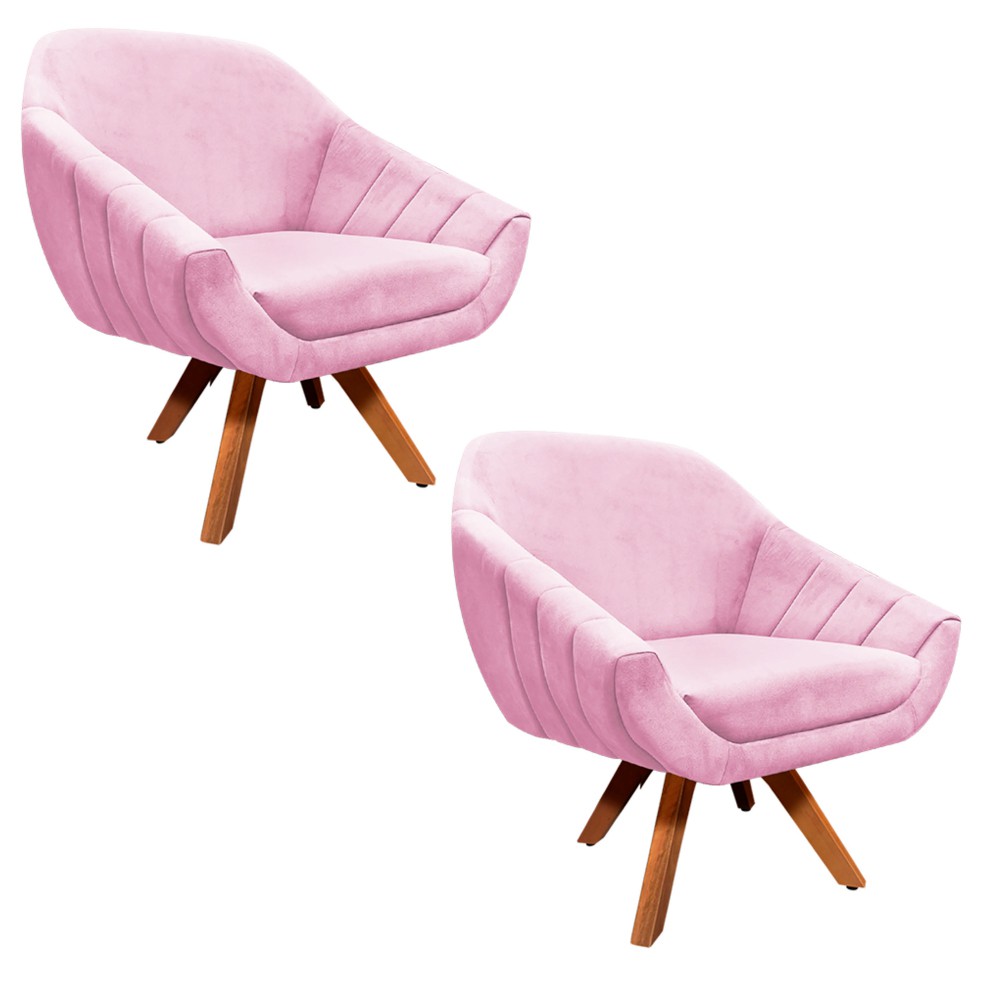 Kit 02 Poltronas Giratória Giovana Suede Rosa Bebê Base Madeira MM30 D'Rossi