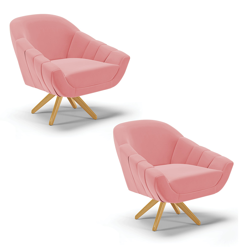 Kit 02 Poltronas Giratória Giovana Suede Rose Base Madeira MA30 - D'Rossi
