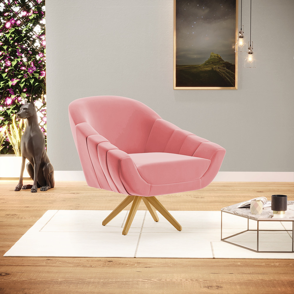 Kit 02 Poltronas Giratória Giovana Suede Rose Base Madeira MA30 - D'Rossi