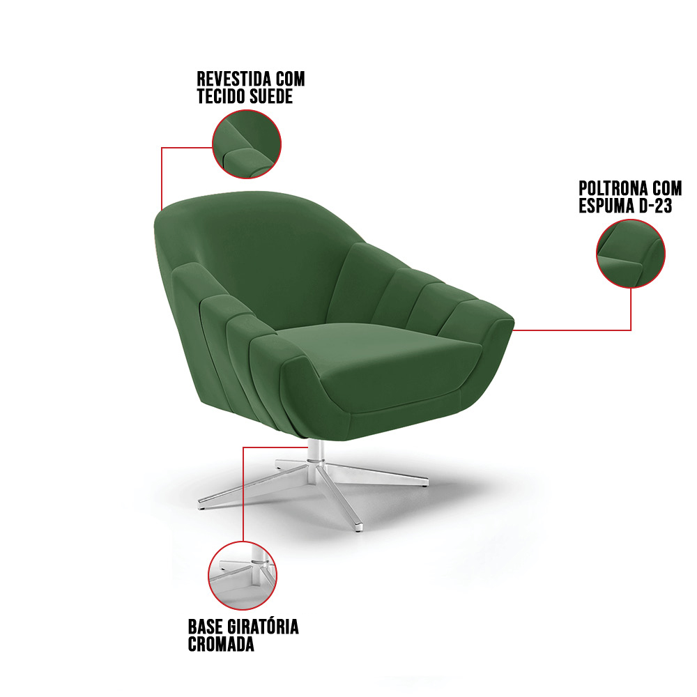 Kit 02 Poltronas Giratória Giovana Suede Verde Base Cromada - D'Rossi