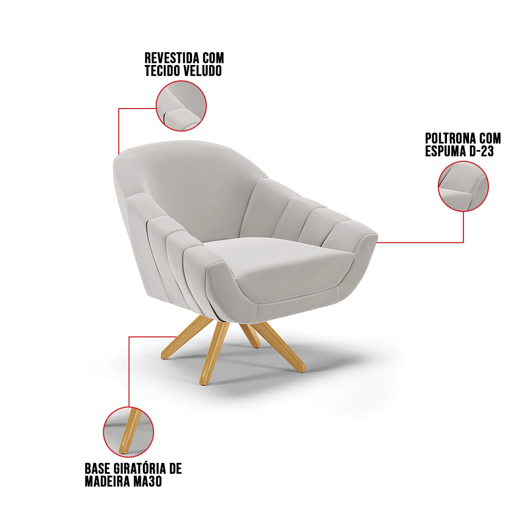 Kit 02 Poltronas Giratória Giovana Veludo Cinza Base Madeira MA30 - D'Rossi