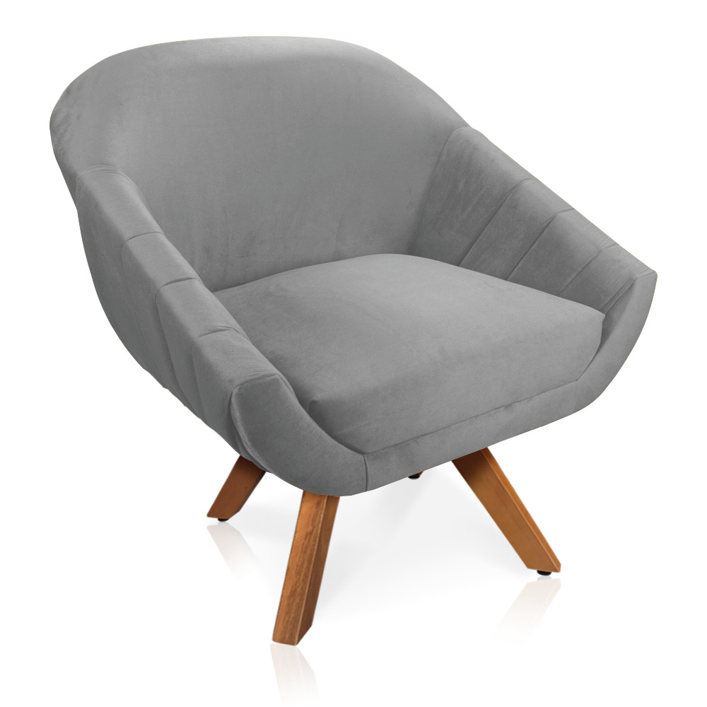 Kit 02 Poltronas Giratória Giovana Veludo Cinza Base Madeira MM30 - D'Rossi