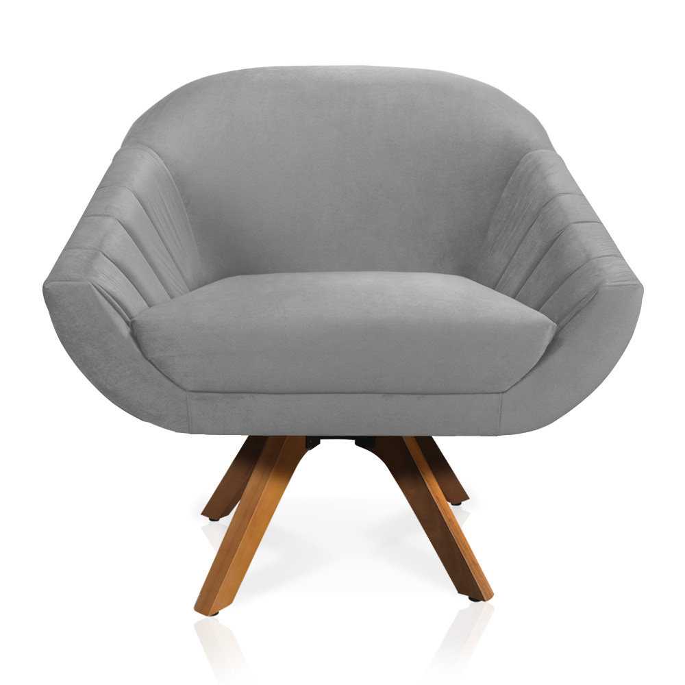 Kit 02 Poltronas Giratória Giovana Veludo Cinza Base Madeira MM30 - D'Rossi