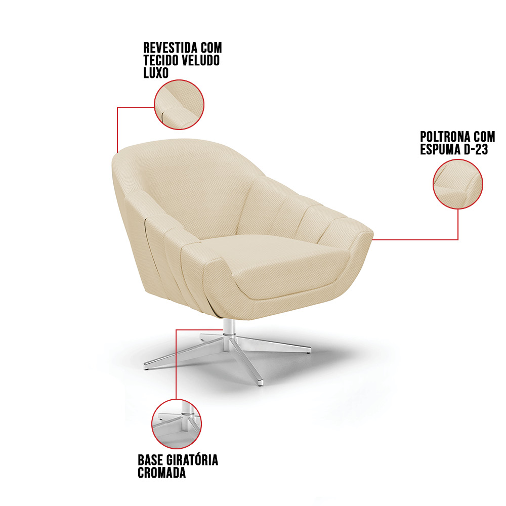Kit 02 Poltronas Giratória Giovana Veludo Luxo Base Cromada - D'Rossi