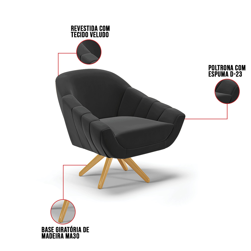 Kit 02 Poltronas Giratória Giovana Veludo Preto Base Madeira MA30 - D'Rossi