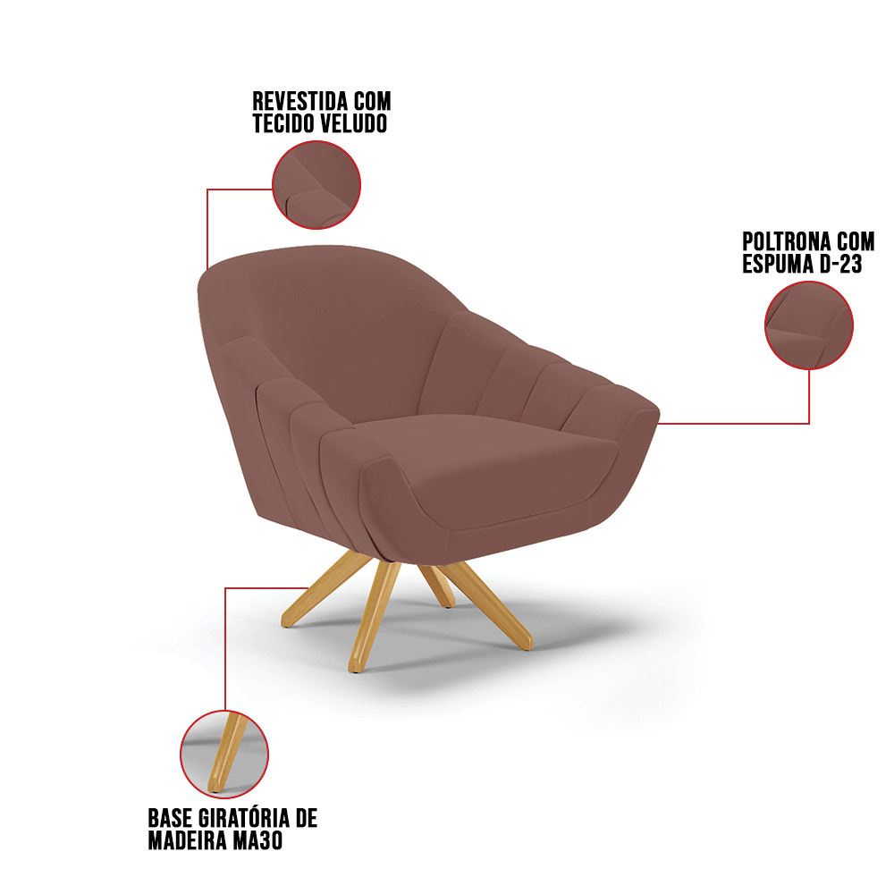 Kit 02 Poltronas Giratória Giovana Veludo Rosê Base Madeira MA30 - D'Rossi