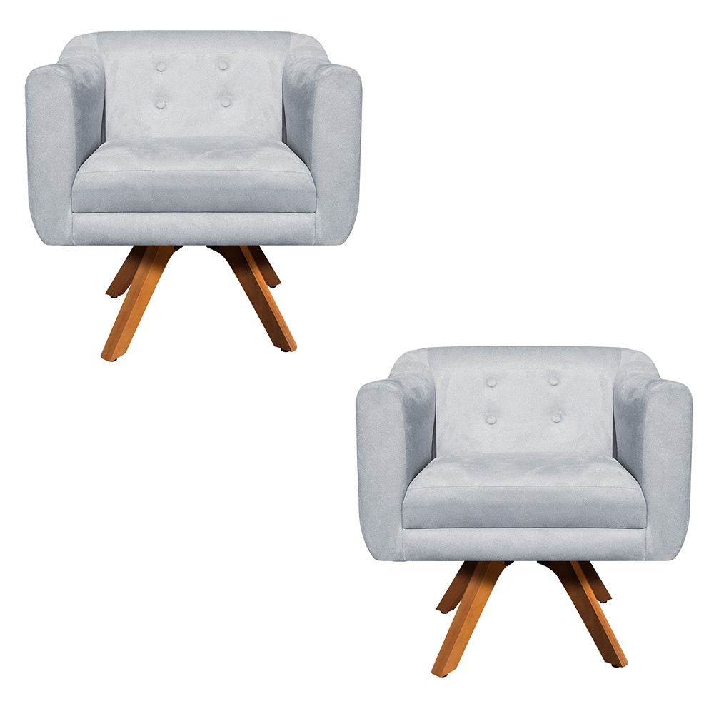 Kit 02 Poltronas Giratória Julia Suede Cinza Base Madeira MM30 D'Rossi