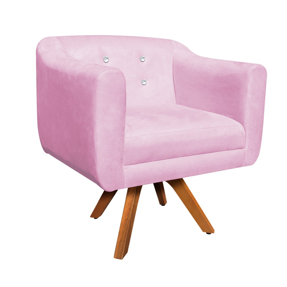 Kit 02 Poltronas Giratória Julia Suede Rosa Bebê com Strass Base Madeira MM30 D'Rossi