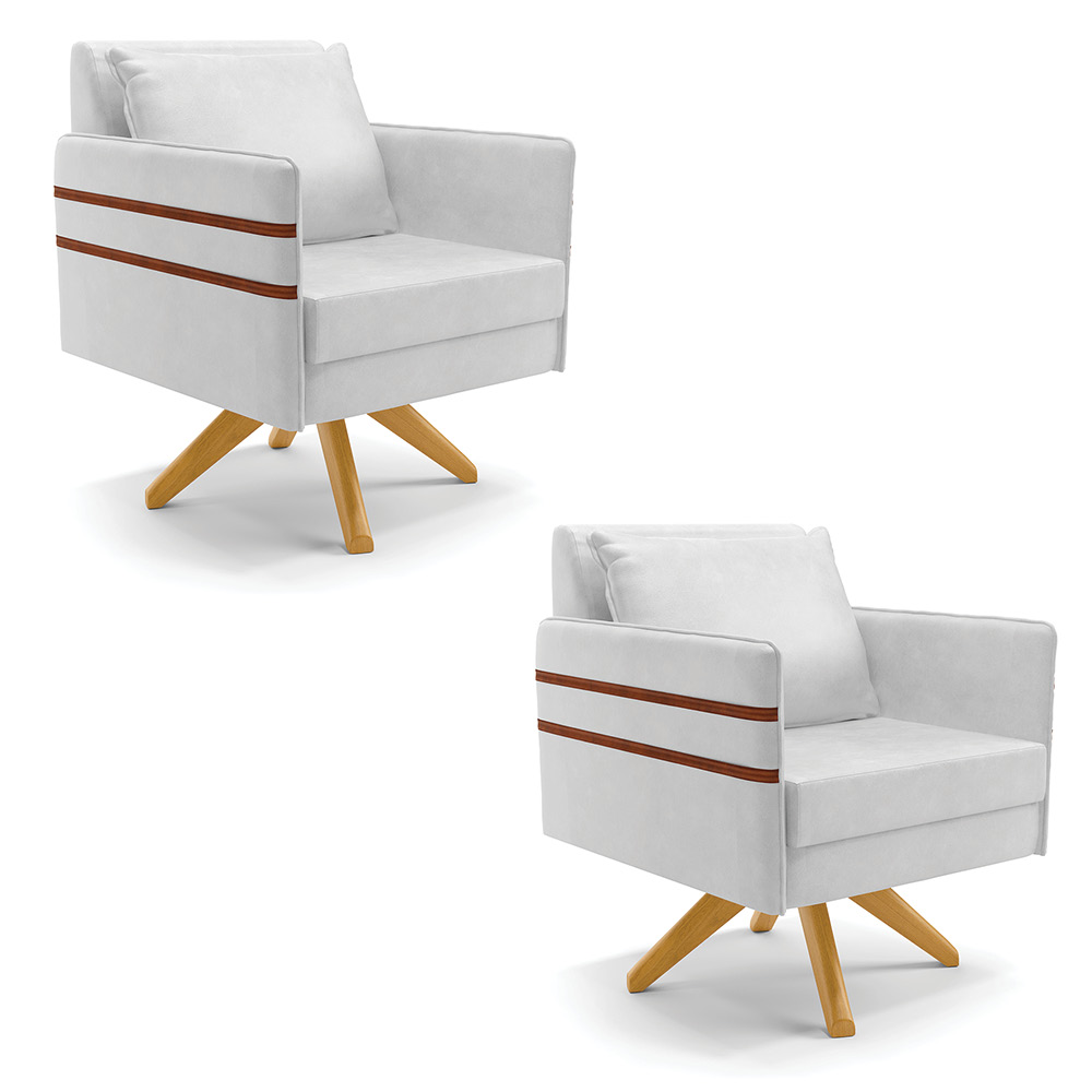 Kit 02 Poltronas Giratória Mari Corano Branco Base de Madeira MA30 - D'Rossi