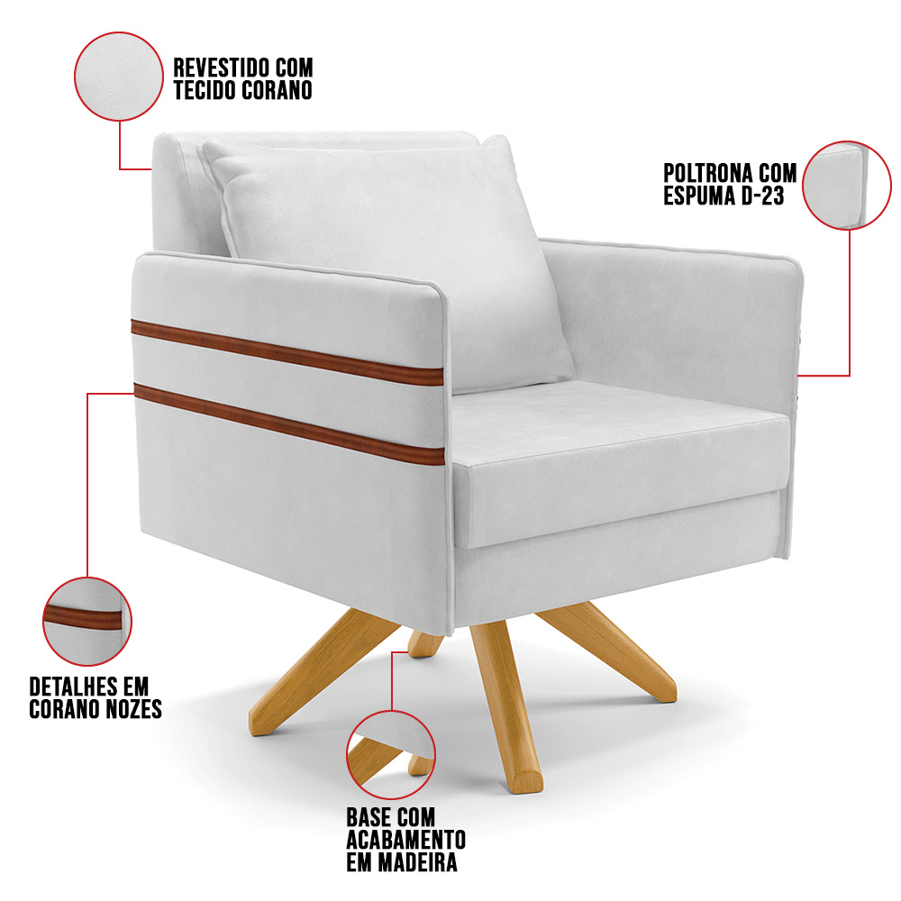Kit 02 Poltronas Giratória Mari Corano Branco Base de Madeira MA30 - D'Rossi