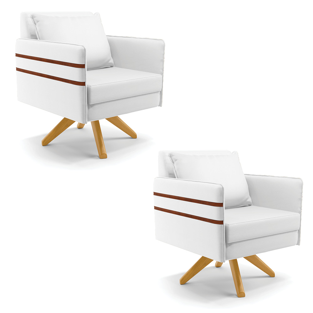 Kit 02 Poltronas Giratória Mari Corino Branco Base de Madeira MA30 - D'Rossi