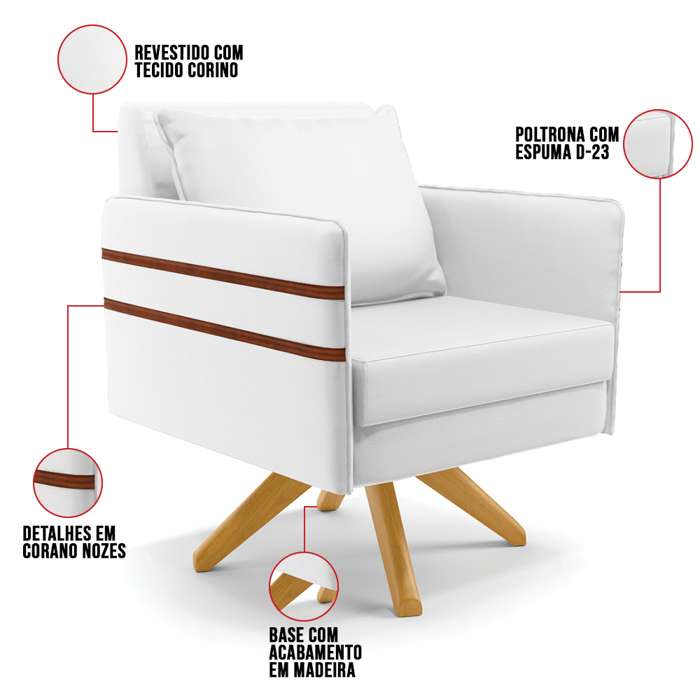 Kit 02 Poltronas Giratória Mari Corino Branco Base de Madeira MA30 - D'Rossi