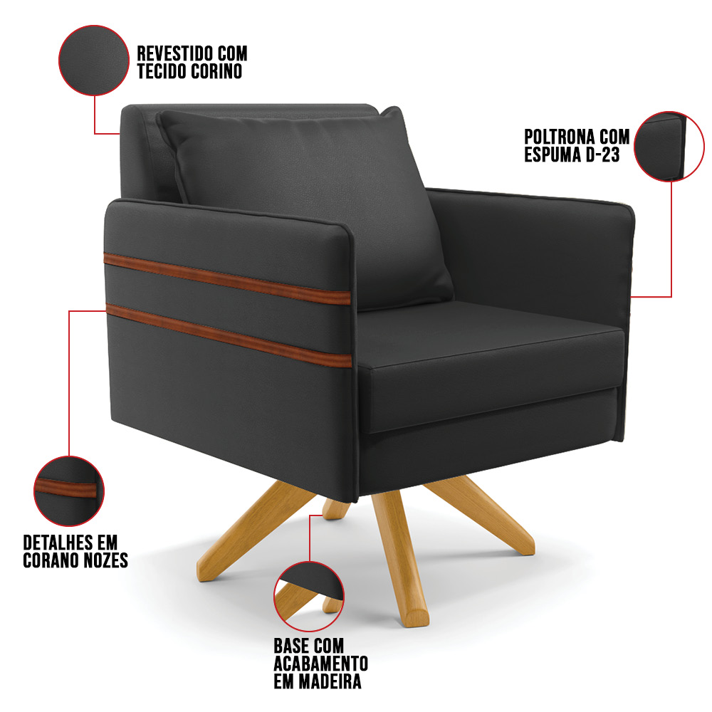 Kit 02 Poltronas Giratória Mari Corino Preto Base de Madeira MA30 - D'Rossi