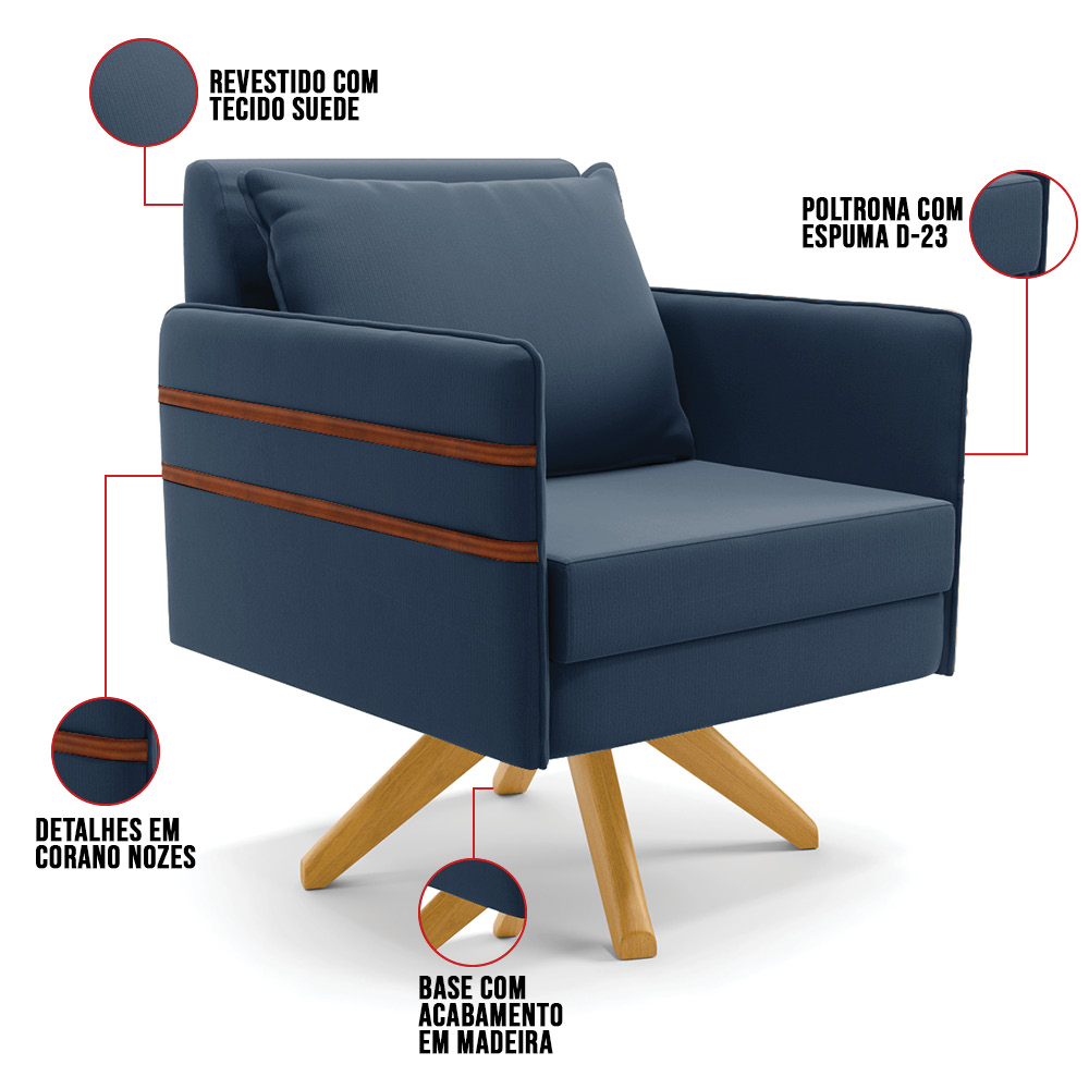 Kit 02 Poltronas Giratória Mari Suede Azul Marinho Base de Madeira MA30 - D'Rossi