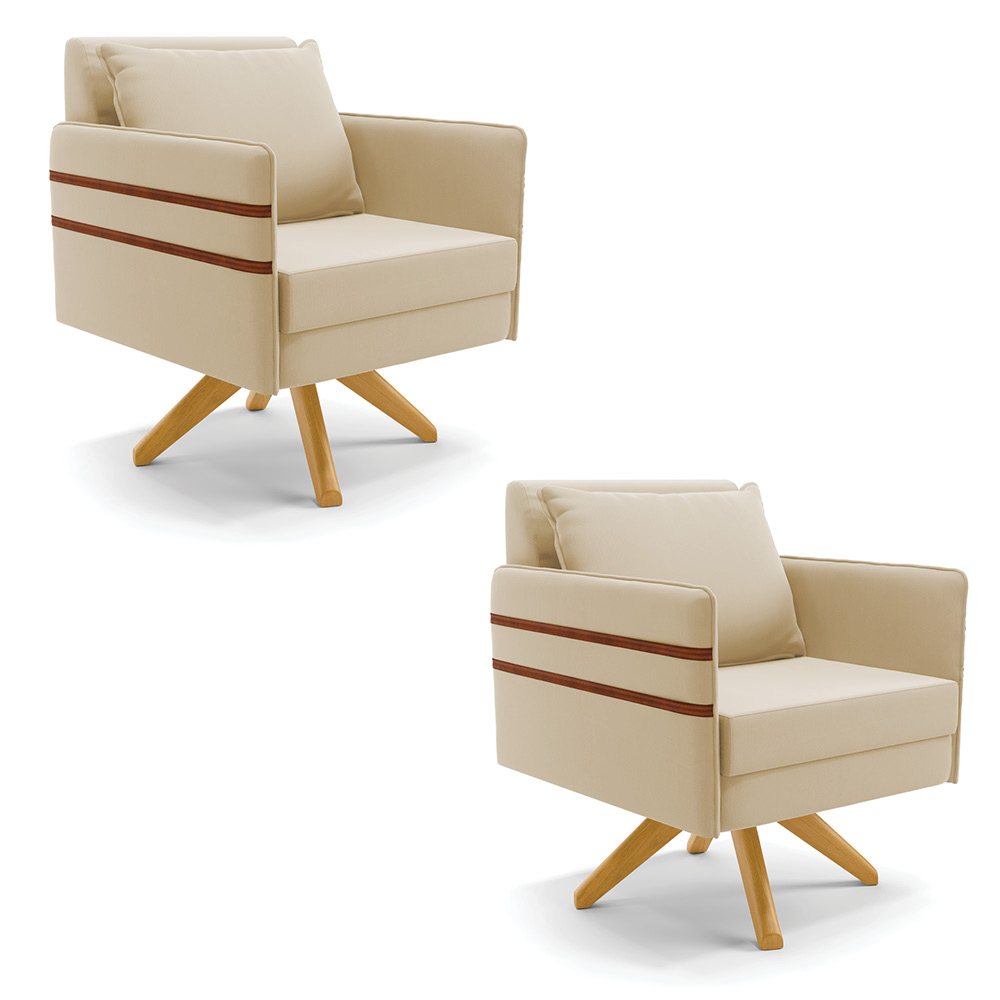 Kit 02 Poltronas Giratória Mari Suede Bege Base de Madeira MA30 - D'Rossi