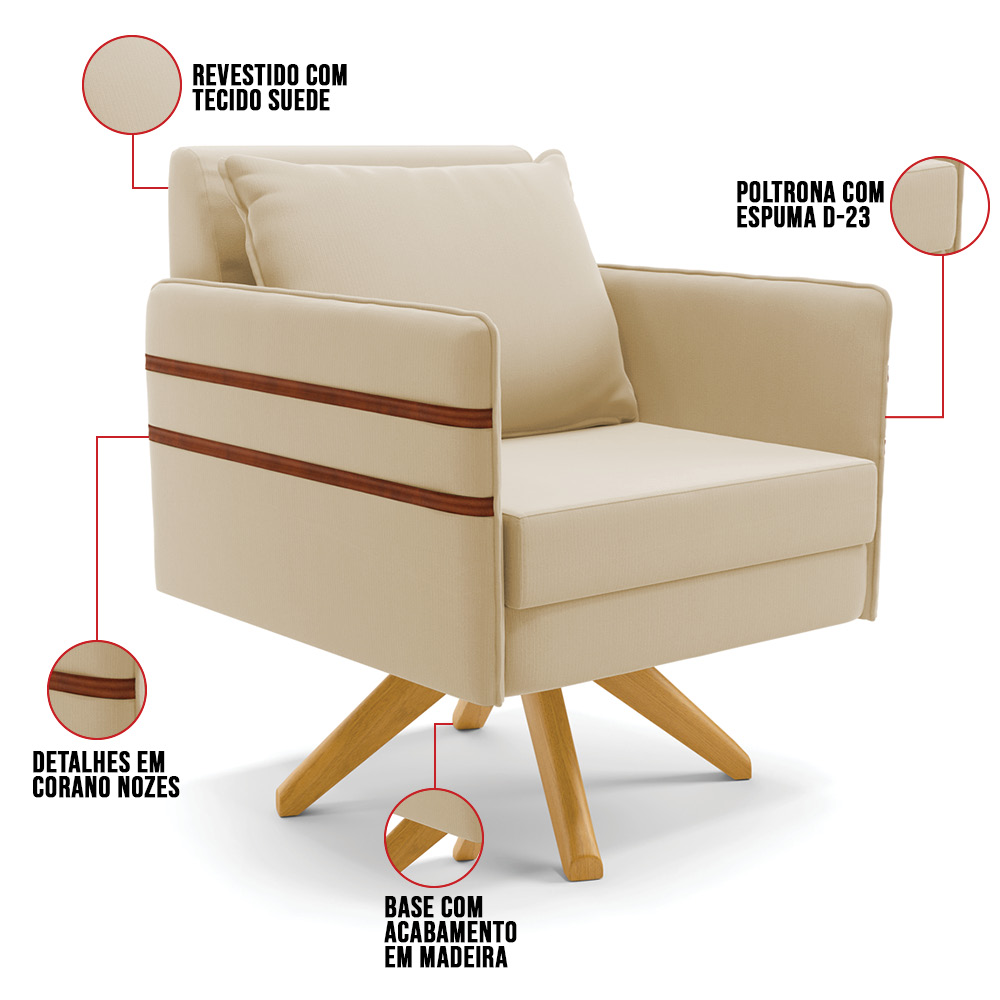 Kit 02 Poltronas Giratória Mari Suede Bege Base de Madeira MA30 - D'Rossi