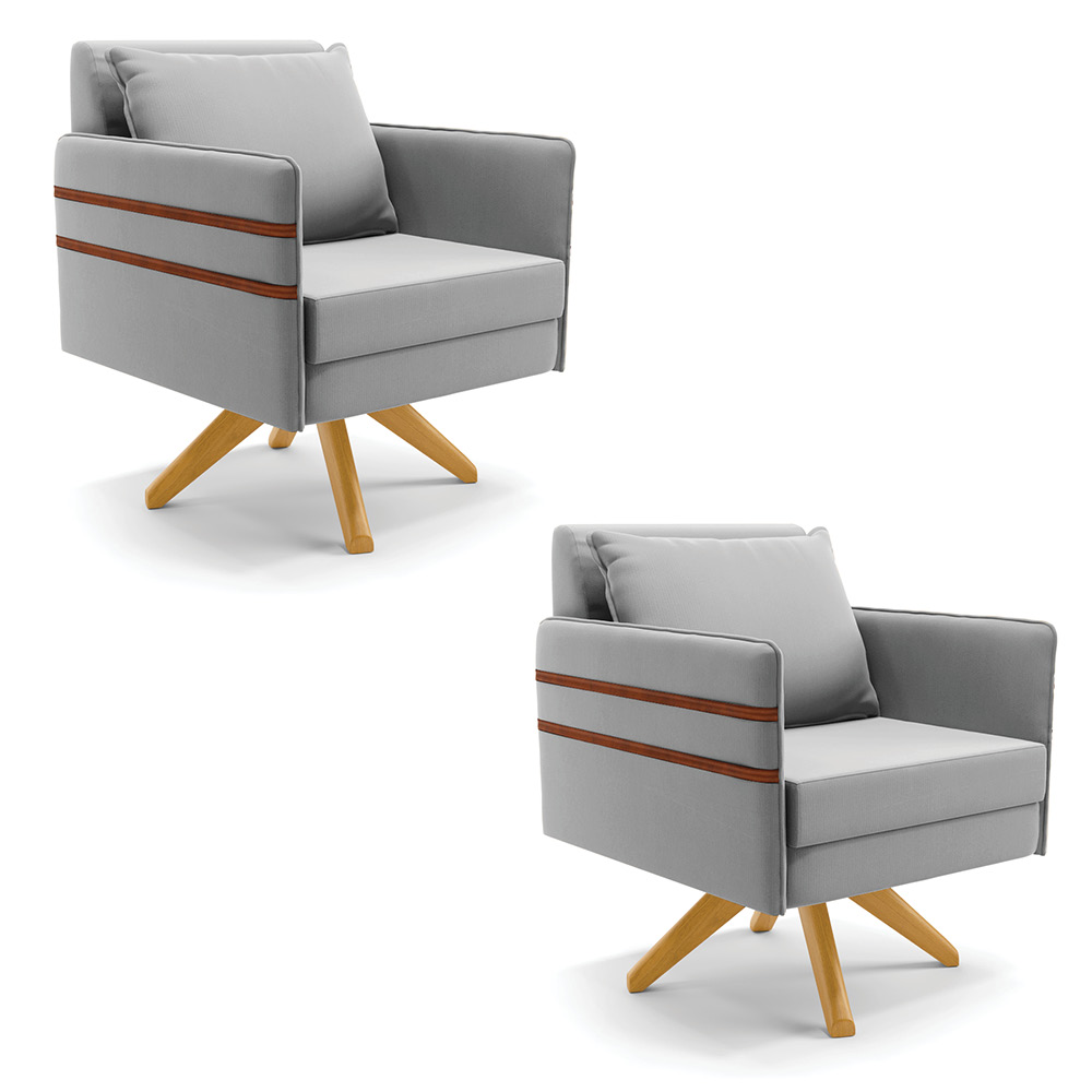 Kit 02 Poltronas Giratória Mari Suede Cinza Base de Madeira MA30 - D'Rossi