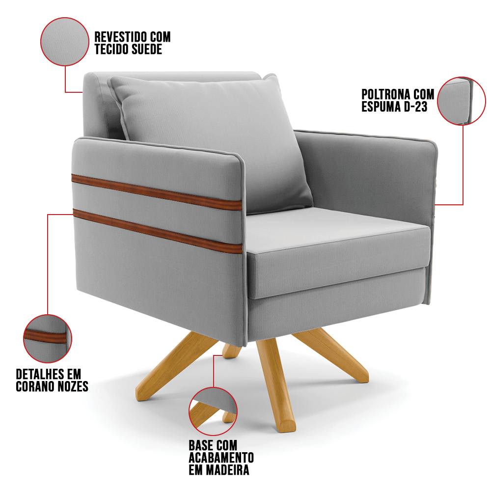 Kit 02 Poltronas Giratória Mari Suede Cinza Base de Madeira MA30 - D'Rossi