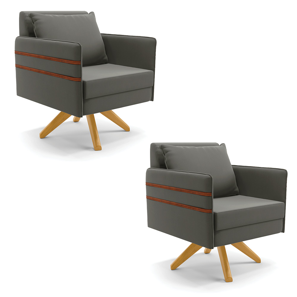 Kit 02 Poltronas Giratória Mari Suede Grafite Base de Madeira MA30 - D'Rossi