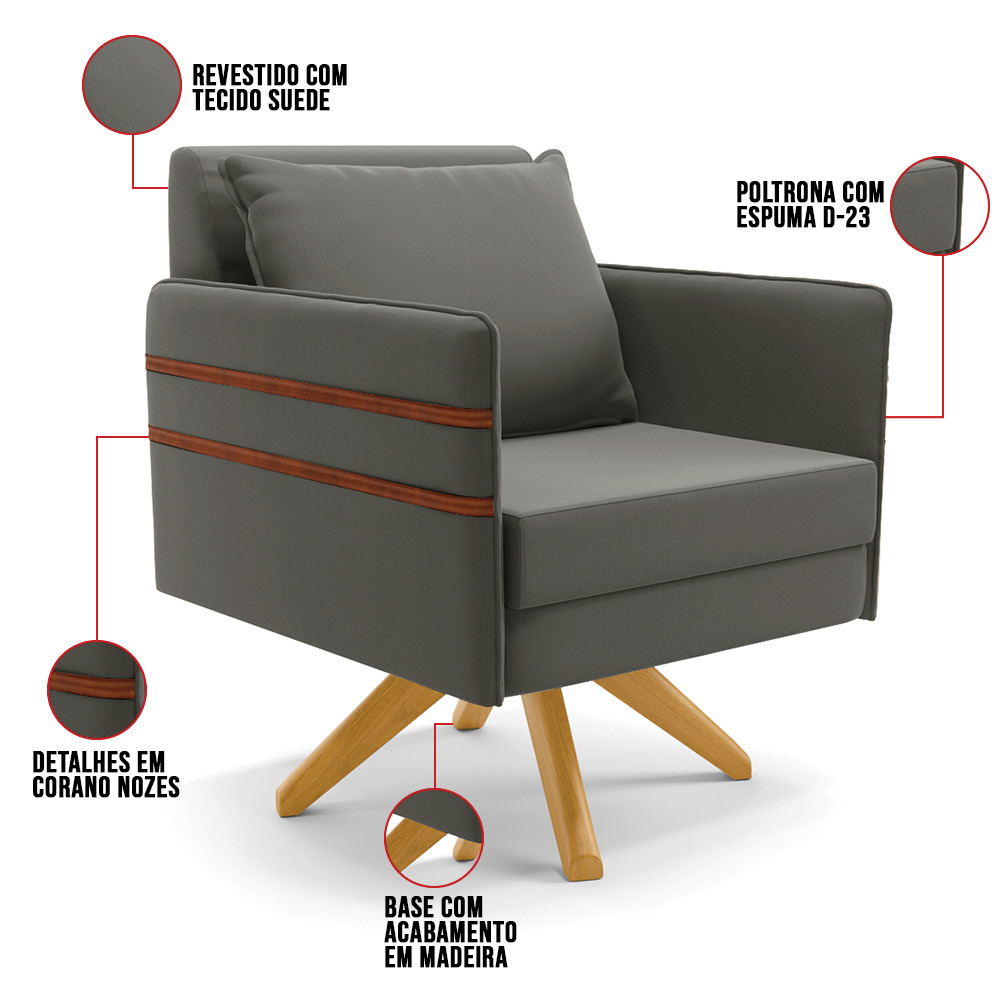 Kit 02 Poltronas Giratória Mari Suede Grafite Base de Madeira MA30 - D'Rossi