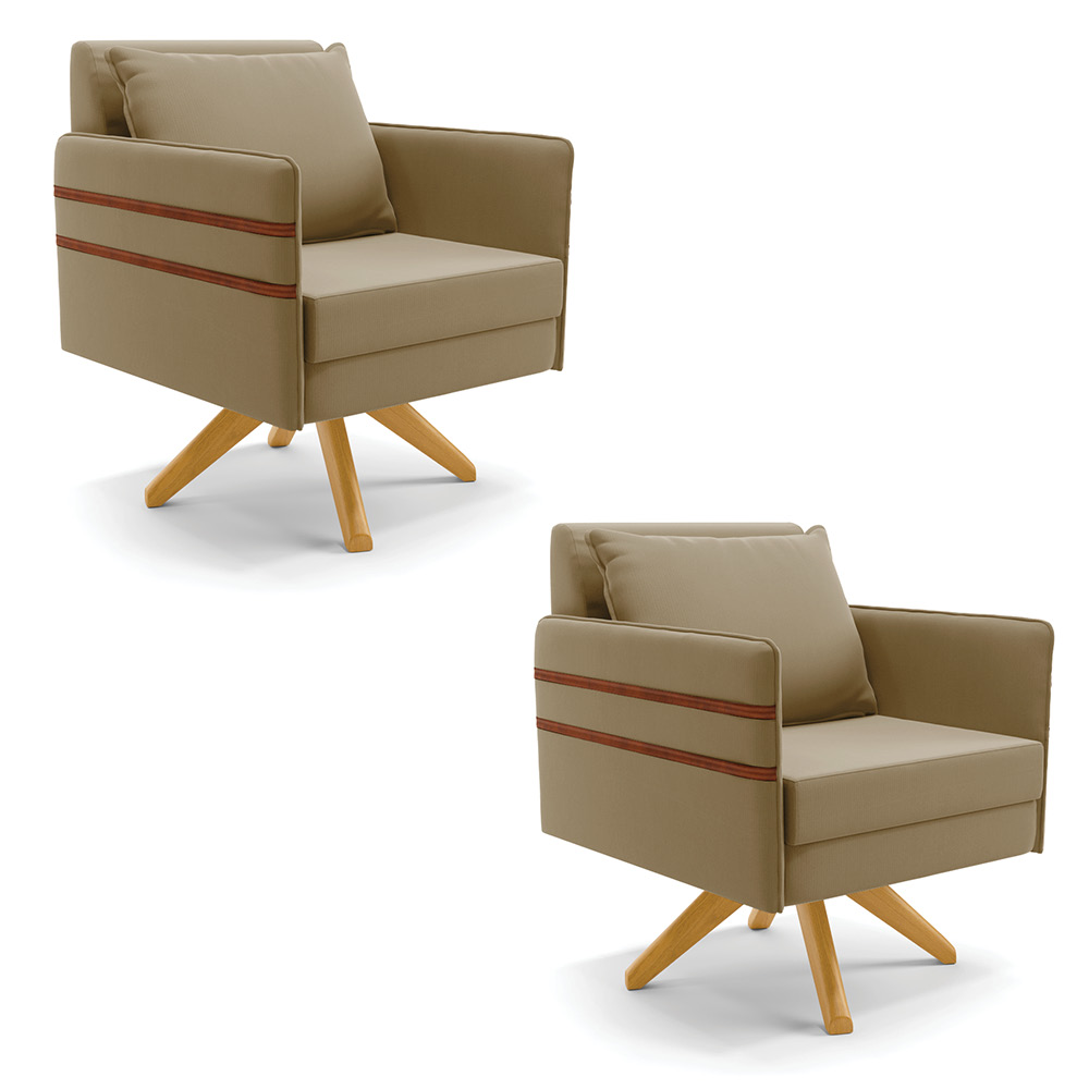 Kit 02 Poltronas Giratória Mari Suede Marrom Rato Base de Madeira MA30 - D'Rossi