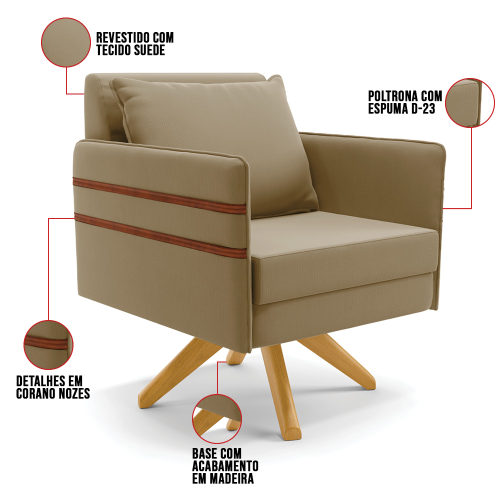 Kit 02 Poltronas Giratória Mari Suede Marrom Rato Base de Madeira MA30 - D'Rossi