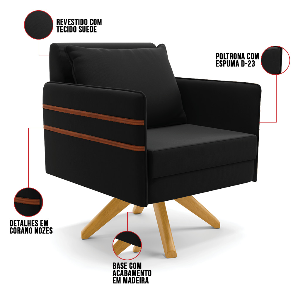 Kit 02 Poltronas Giratória Mari Suede Preto Base de Madeira MA30 - D'Rossi