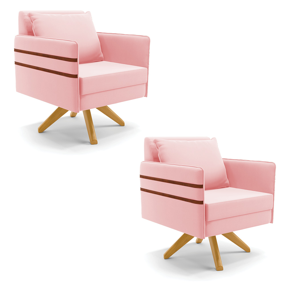 Kit 02 Poltronas Giratória Mari Suede Rosa Bebê Base de Madeira MA30 - D'Rossi