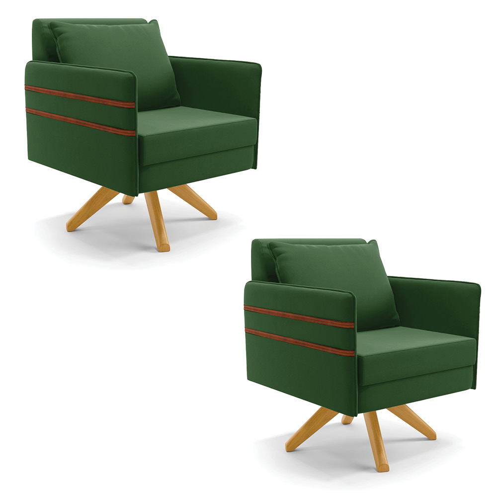 Kit 02 Poltronas Giratória Mari Suede Verde Base de Madeira MA30 - D'Rossi