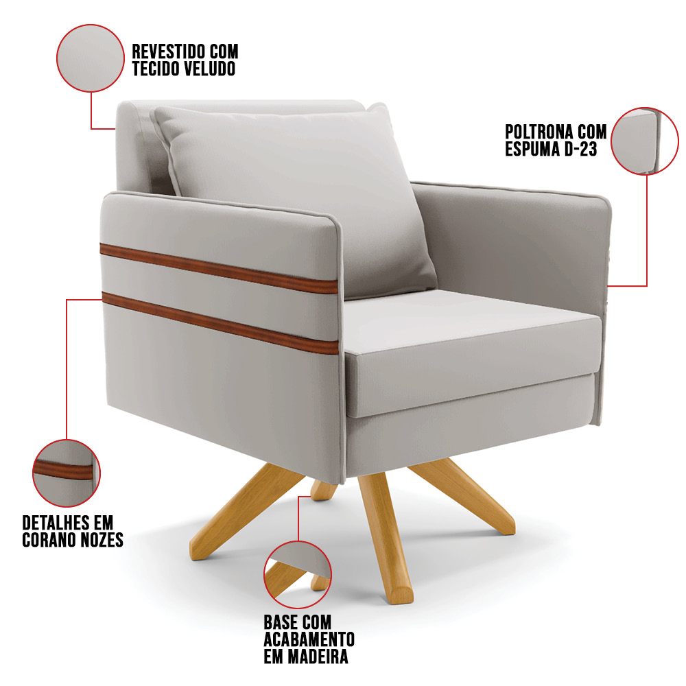 Kit 02 Poltronas Giratória Mari Veludo Cinza Base de Madeira MA30 - D'Rossi