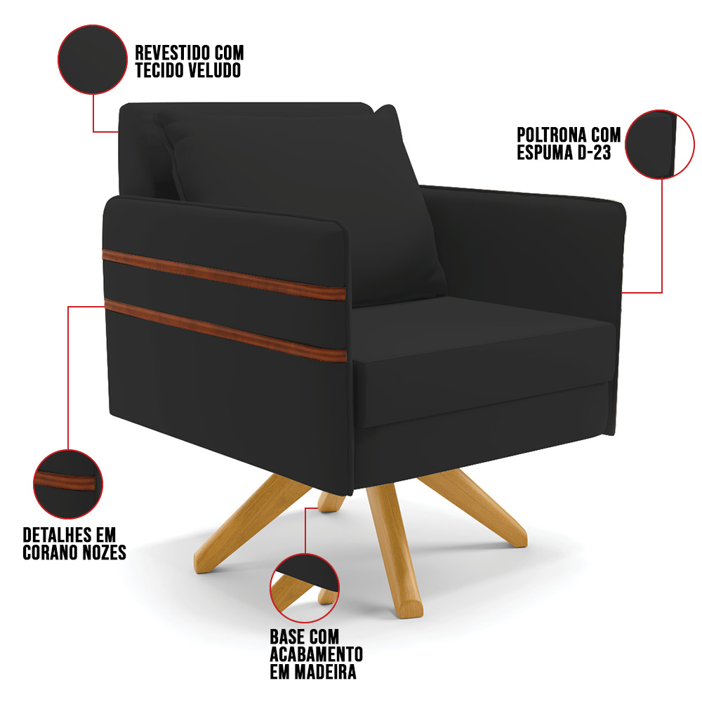Kit 02 Poltronas Giratória Mari Veludo Preto Base de Madeira MA30 - D'Rossi