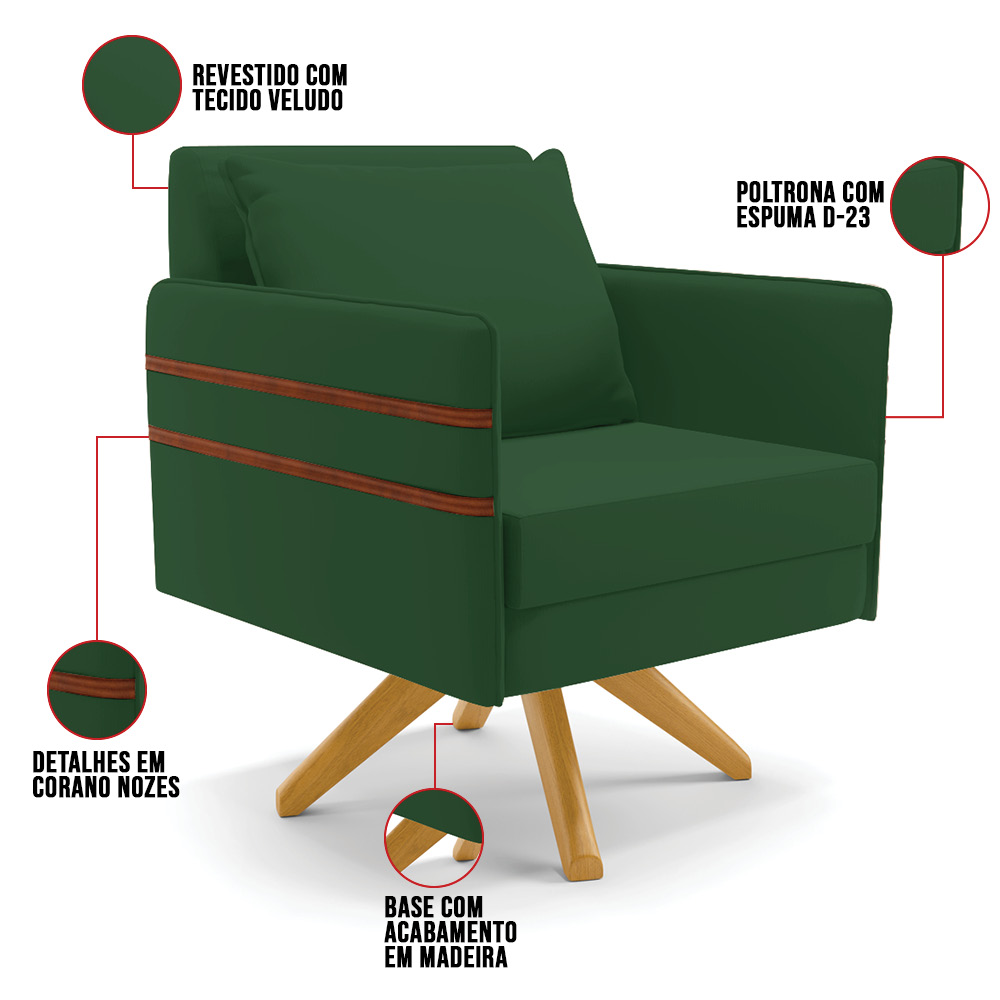 Kit 02 Poltronas Giratória Mari Veludo Verde Base de Madeira MA30 - D'Rossi
