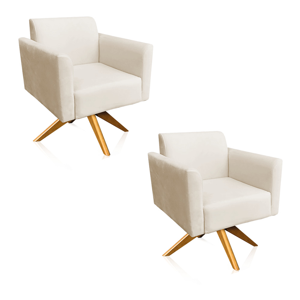 Kit 02 Poltronas Giratória Marisa Suede Bege Base Madeira MA30 D'Rossi