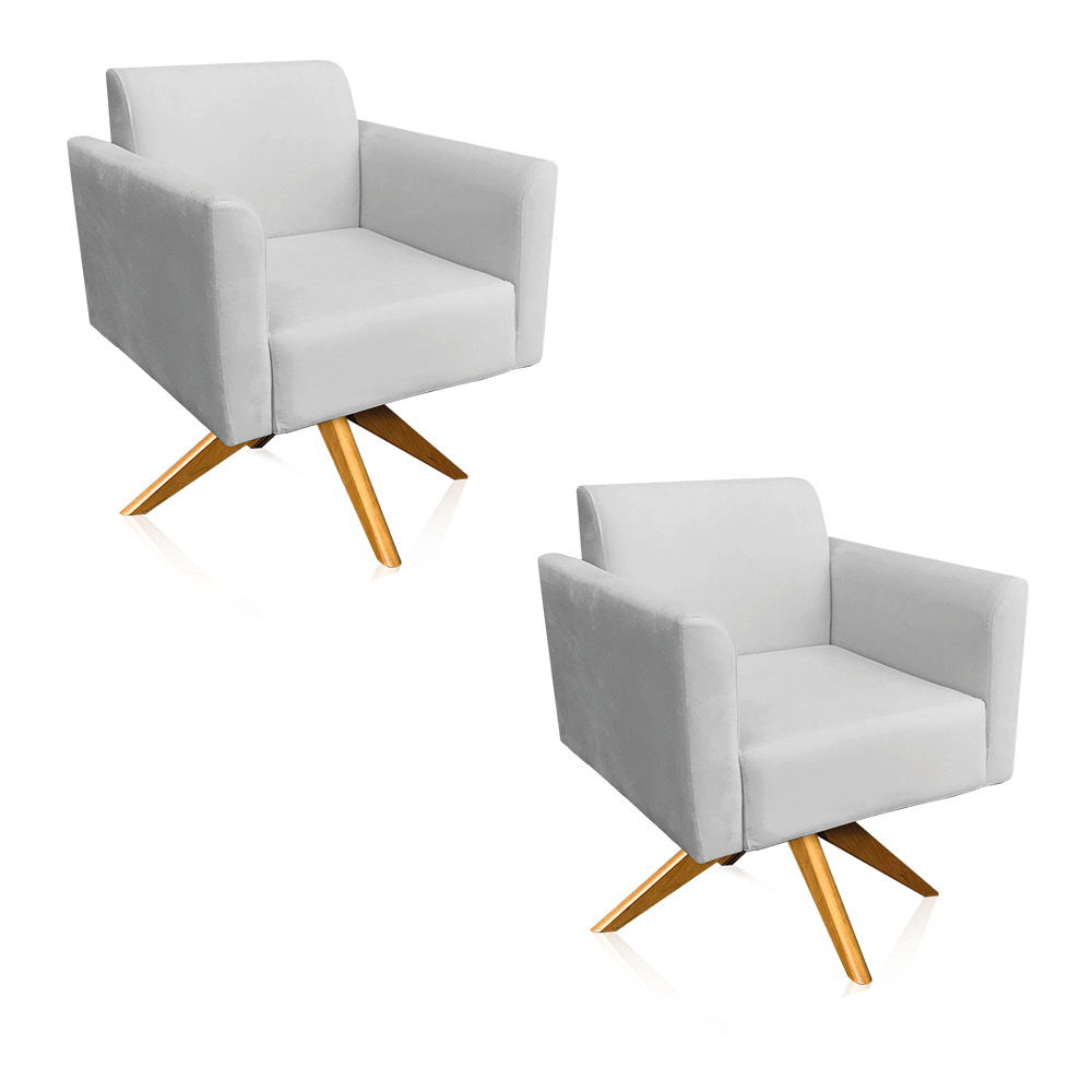 Kit 02 Poltronas Giratória Marisa Suede Cinza Base Madeira MA30 D'Rossi