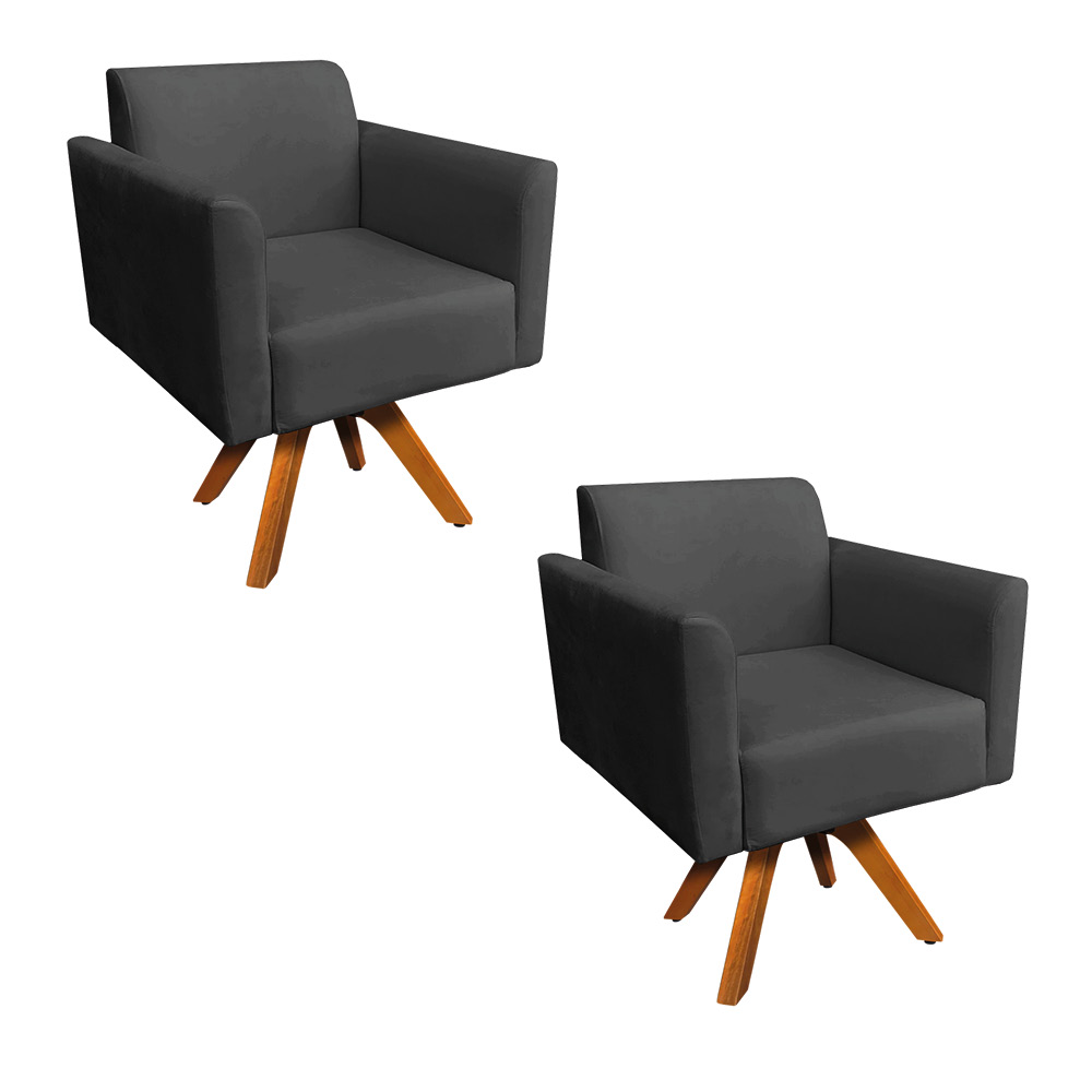 Kit 02 Poltronas Giratória Marisa Suede Preto Base Madeira MM30 D'Rossi