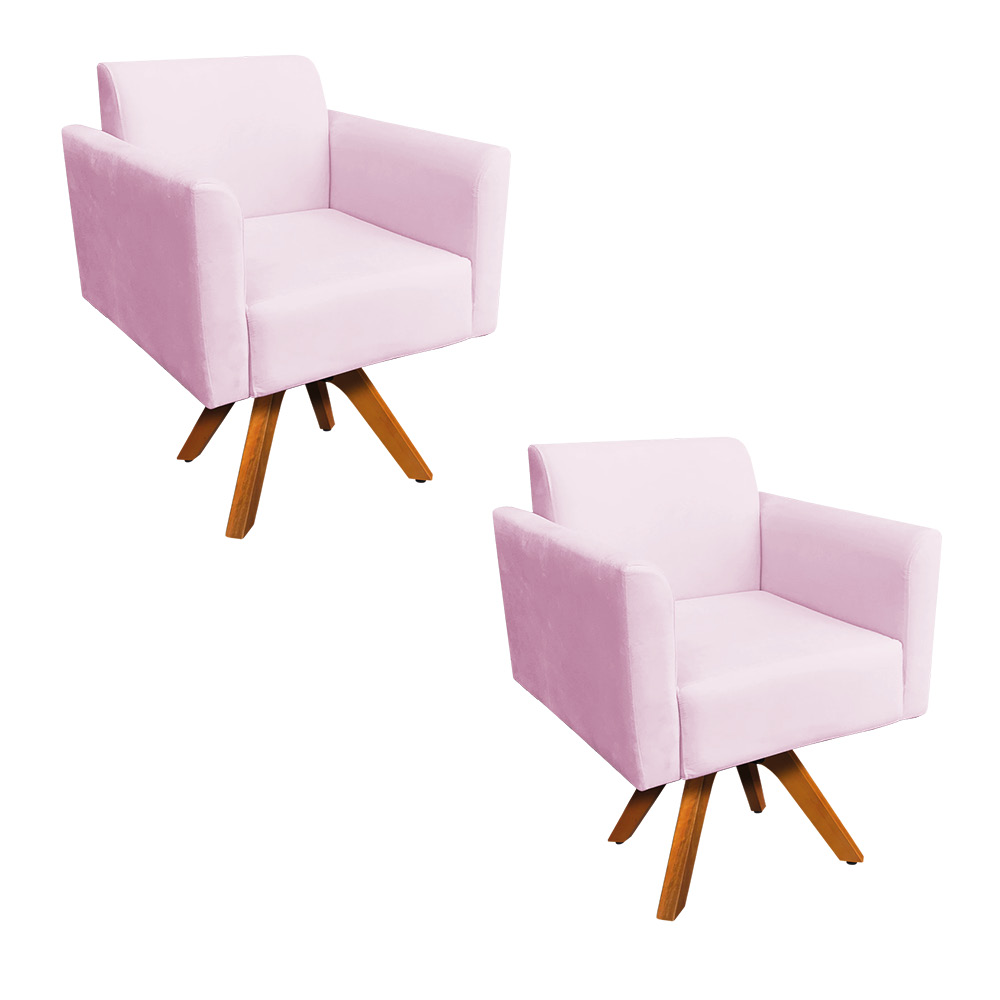 Kit 02 Poltronas Giratória Marisa Suede Rosa Bebê Base Madeira MM30 D'Rossi