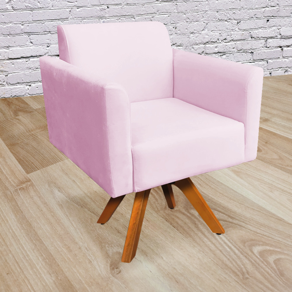 Kit 02 Poltronas Giratória Marisa Suede Rosa Bebê Base Madeira MM30 D'Rossi